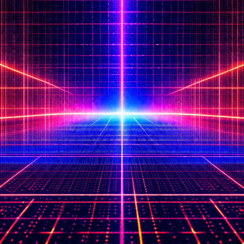 Futuristic, neon-colored scene with a large, brightly lit...