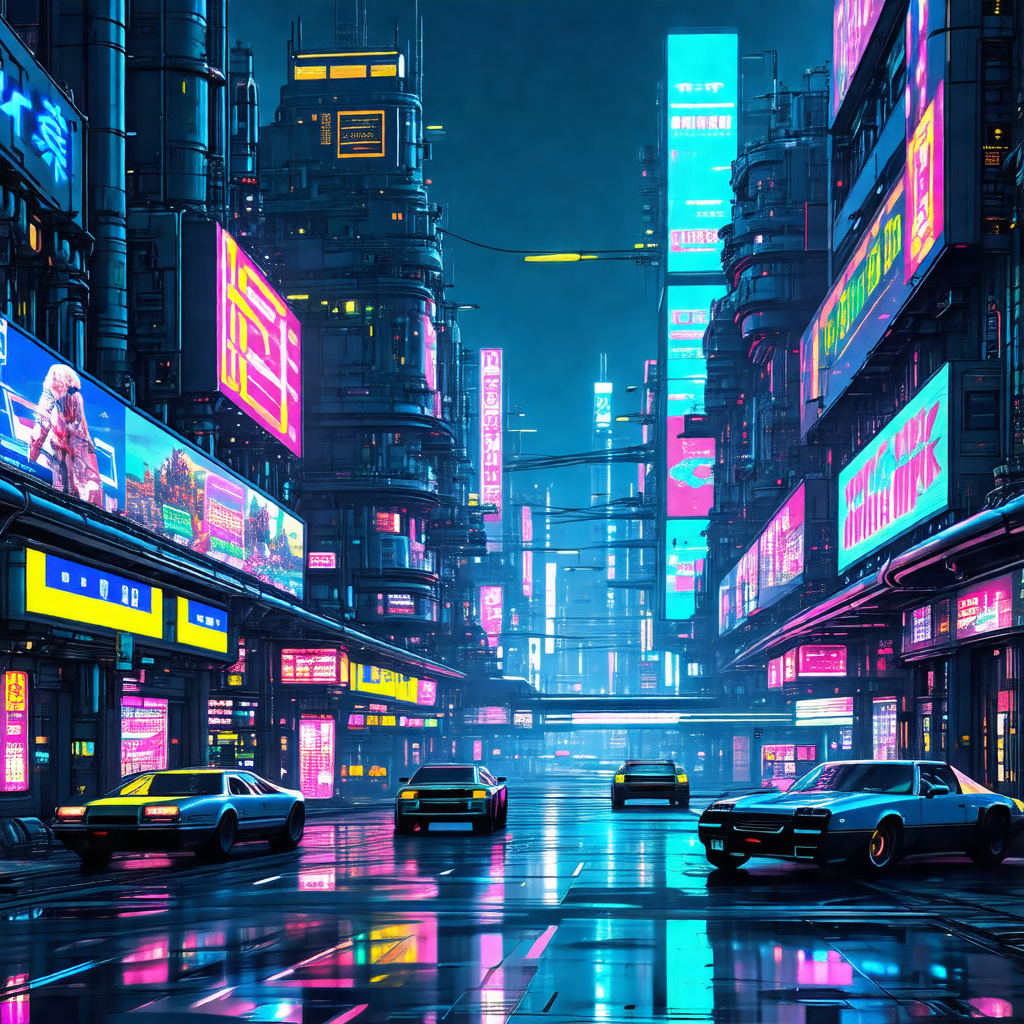 Futuristic cityscape with a rain-soaked street filled wit...