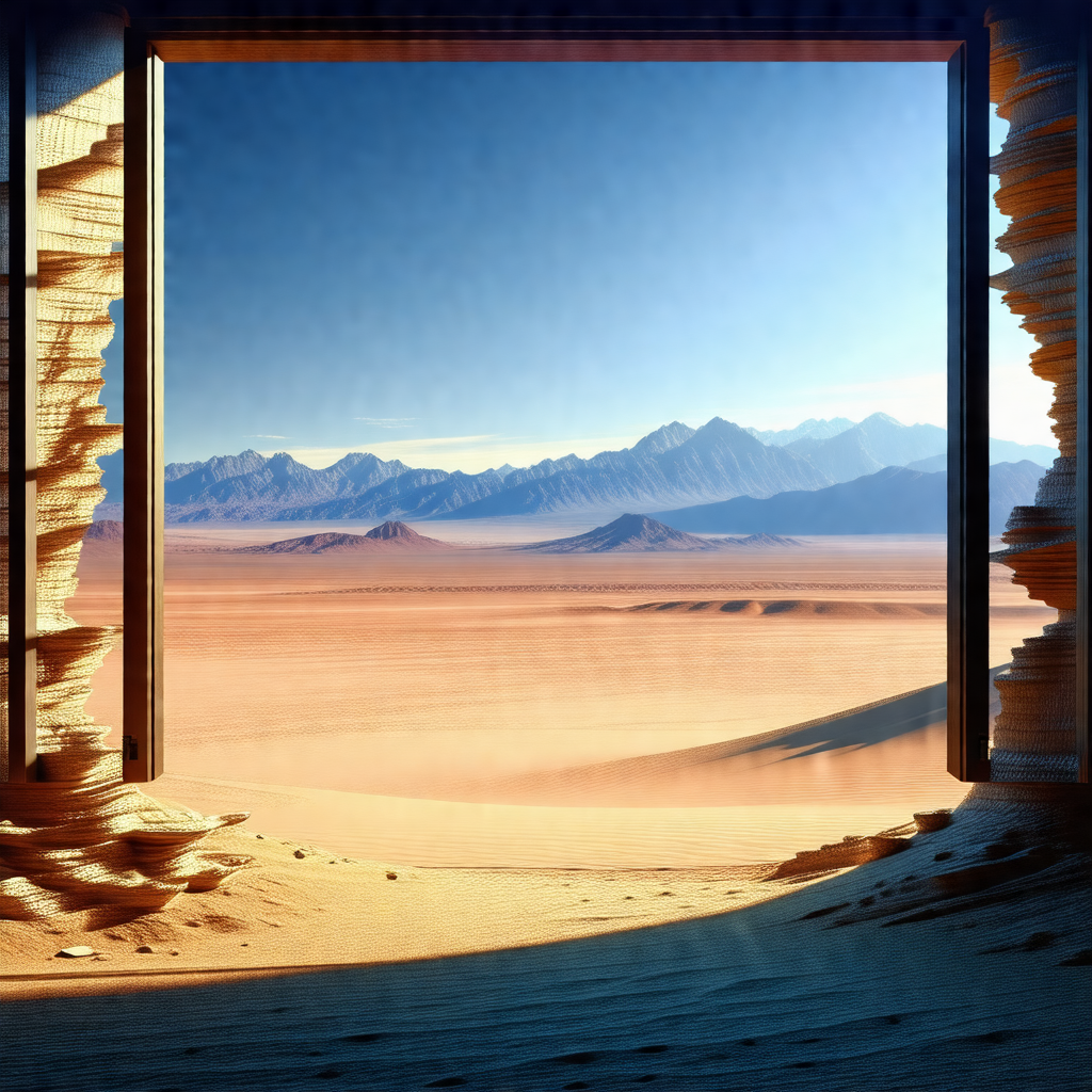 Large window with a beautiful view of a desert landscape