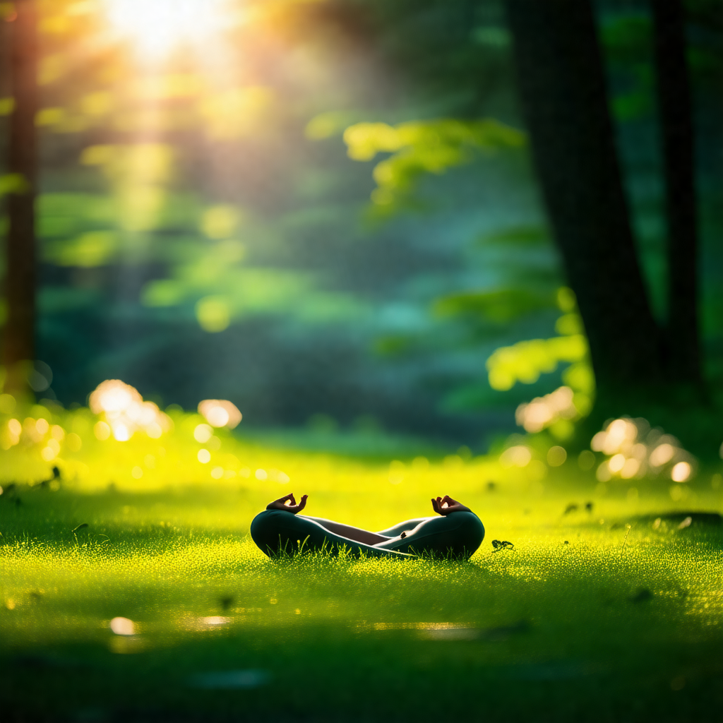 Peaceful scene of a person lying on a grassy field in a f...