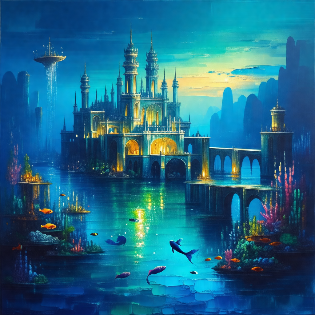 Painting of a beautiful castle situated on an island in a...