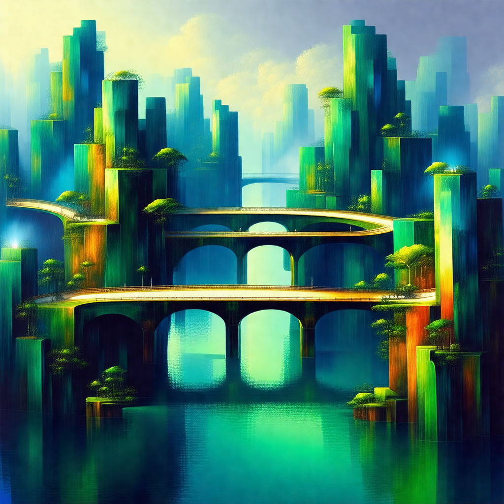 Painting of a city with a bridge over a river