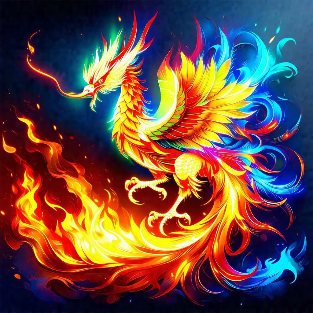 Vibrant and colorful dragon with a long, curved tail