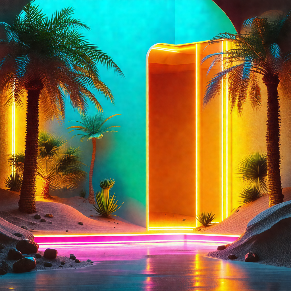 Tropical setting with a large, colorful doorway that stan...