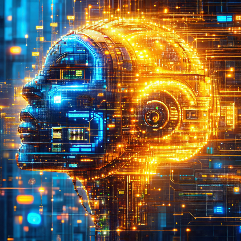 Close-up of a computer-generated head with a bright yello...