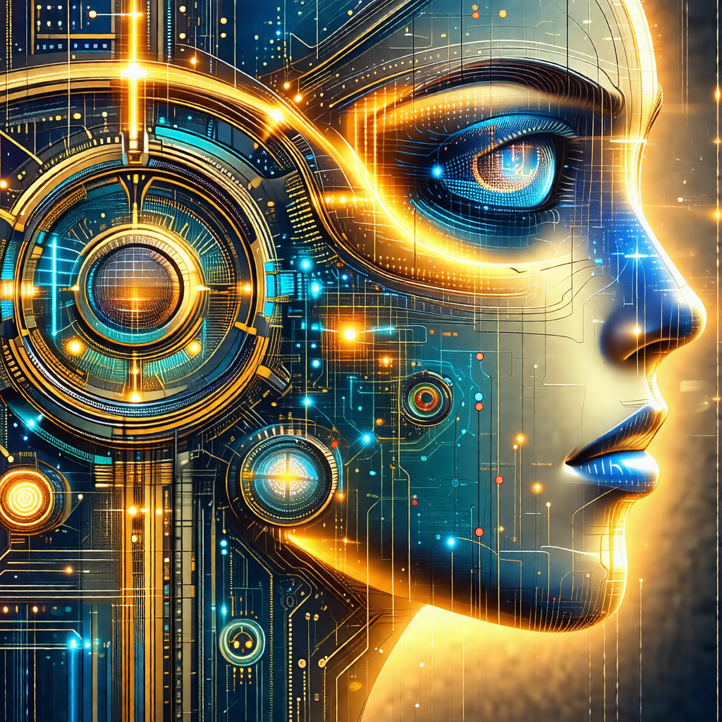 Futuristic robotic face with a blue and yellow color scheme