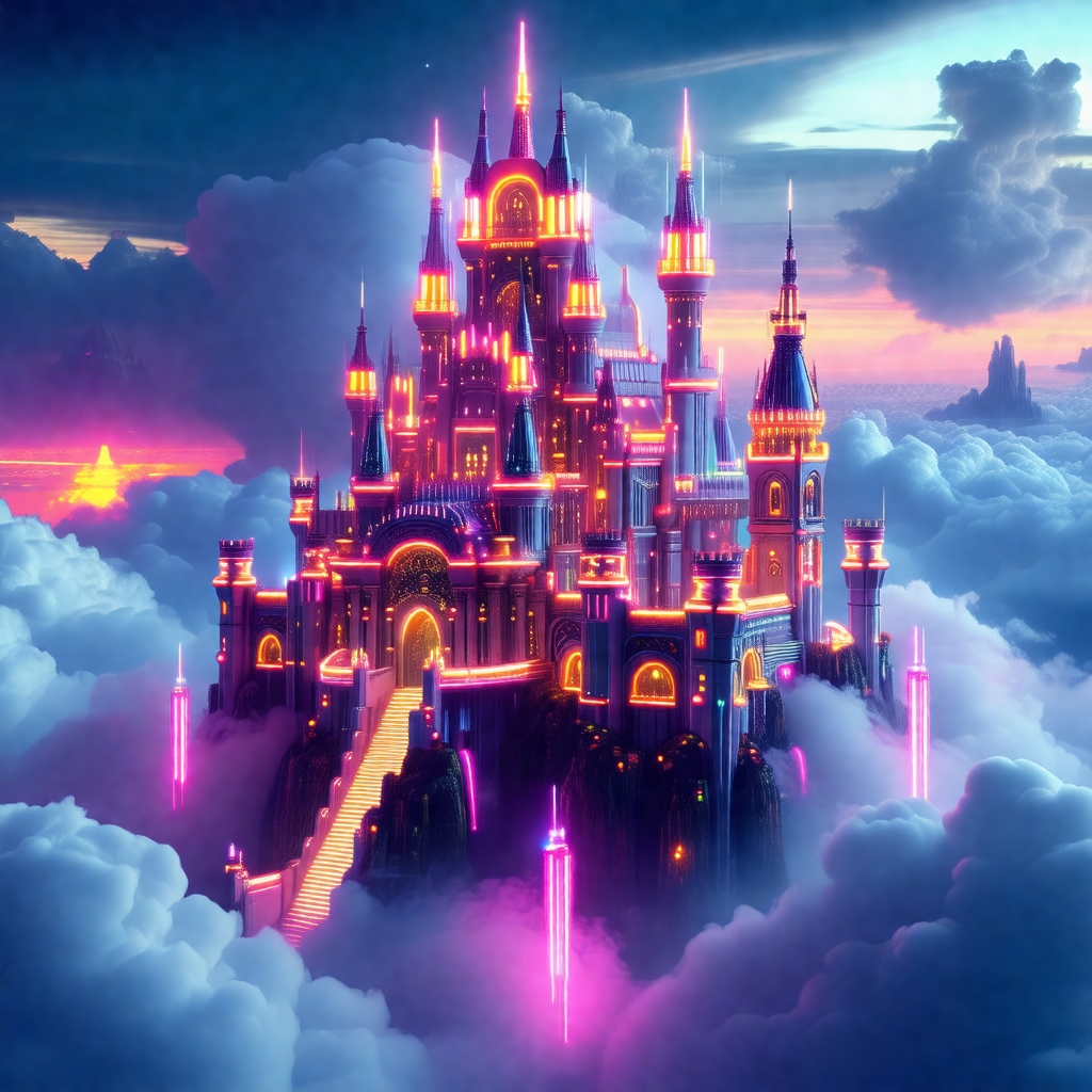 Beautifully lit castle with a purple glow, floating in th...