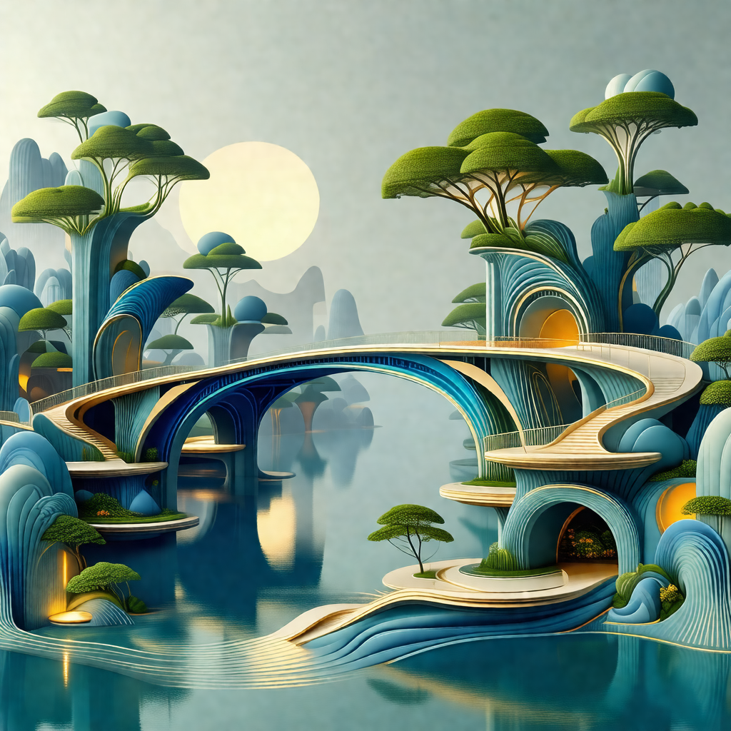 Painting of a beautiful, futuristic city with a large bri...