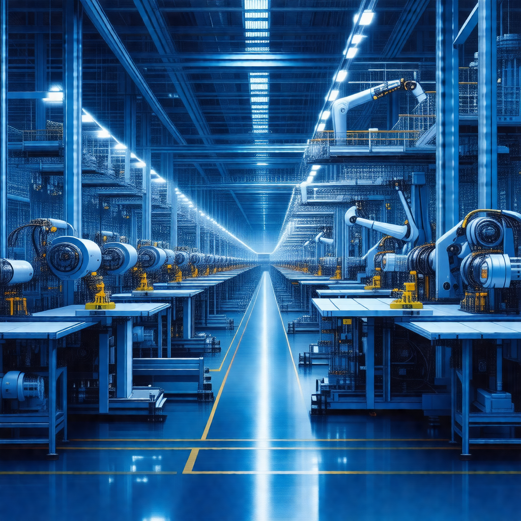 Blue-toned photo of a factory floor with a long row of ro...