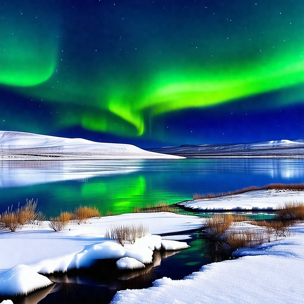 Captures a beautiful night scene with a lake surrounded b...