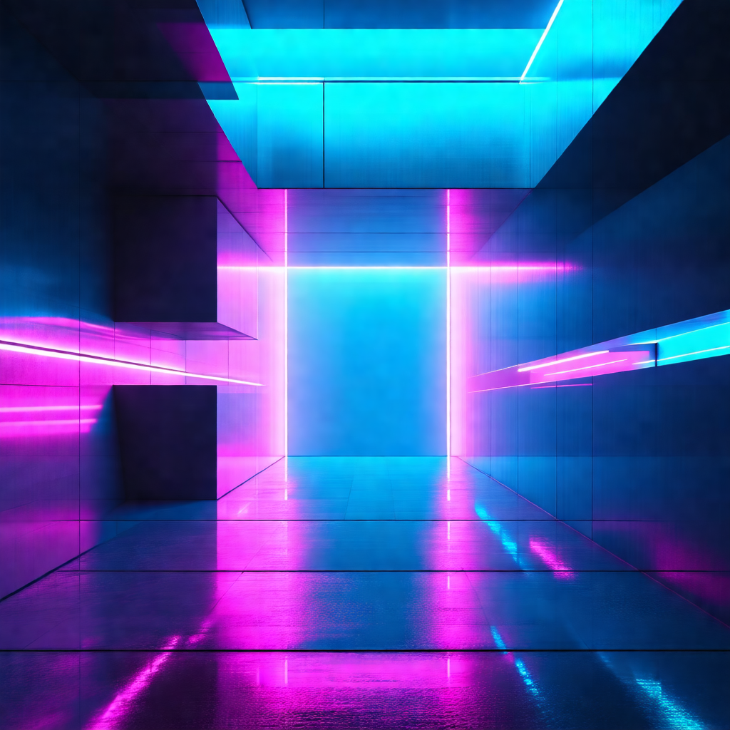 Futuristic, neon-lit room with a doorway that leads to a ...