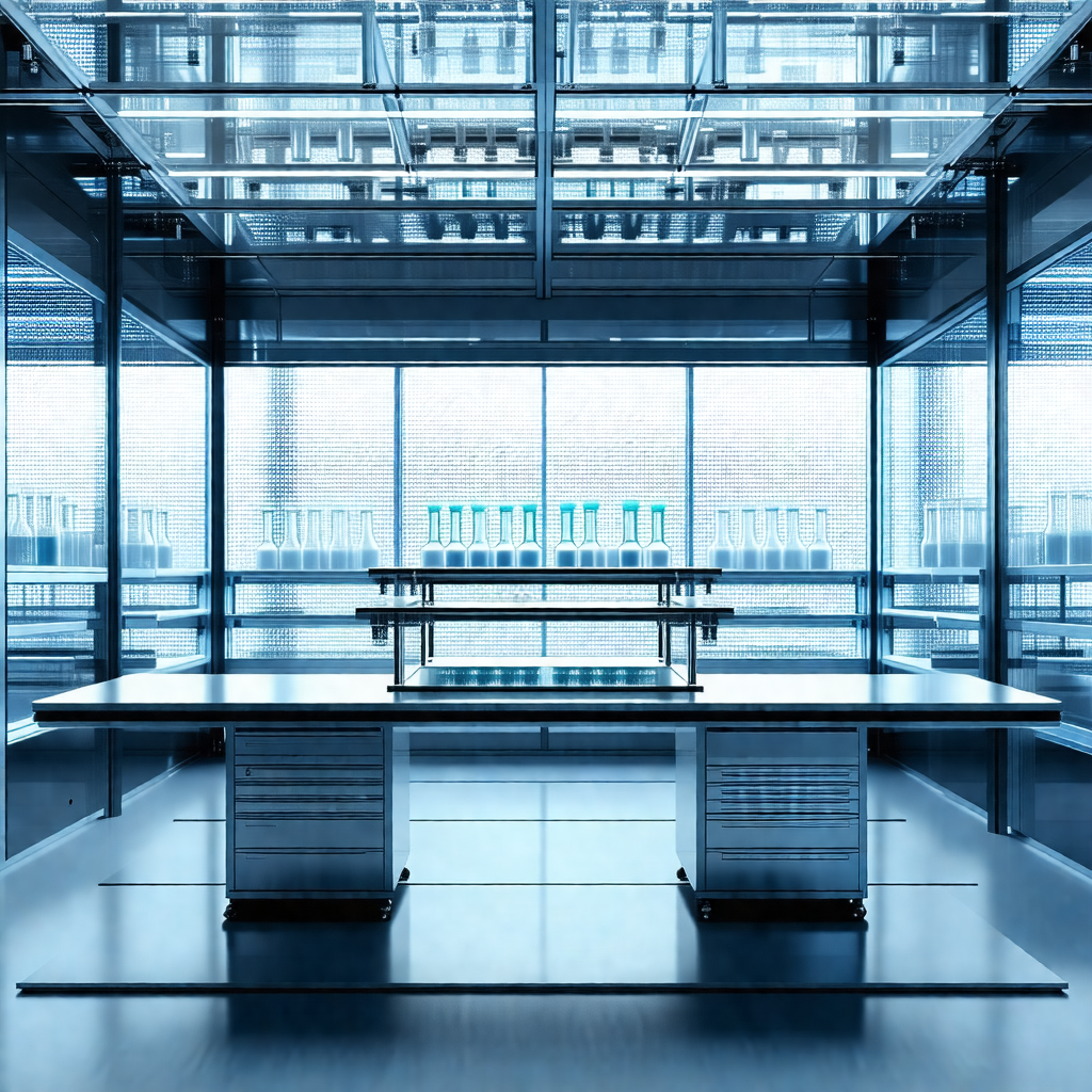 Large, clean laboratory with a blue-tinted glass wall