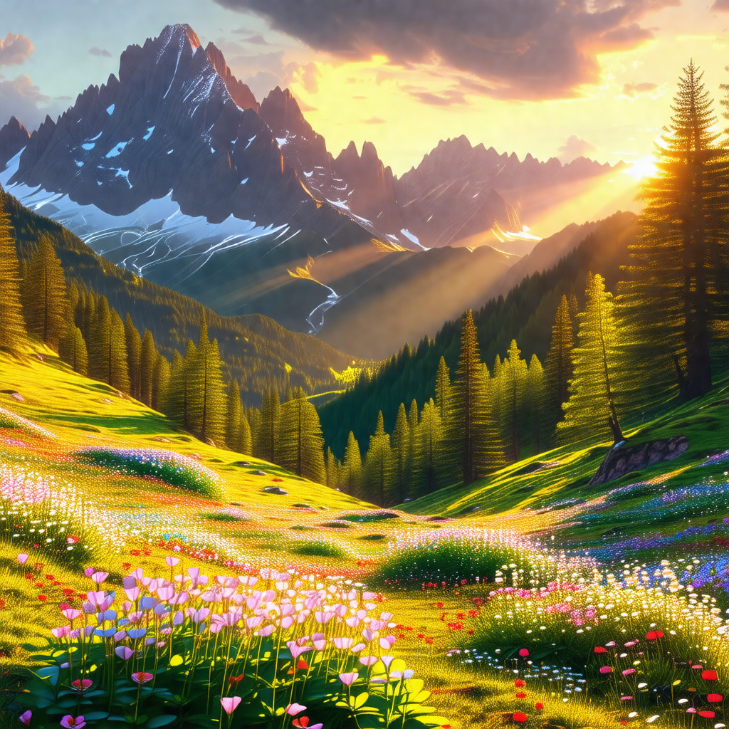 Beautiful mountain landscape with a lush green field and ...