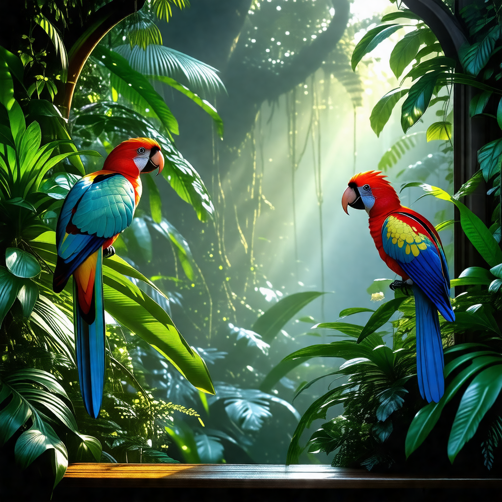 Two colorful parrots perched on a wooden ledge