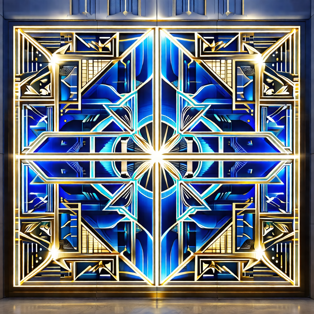 Large, ornate door with a blue and gold design