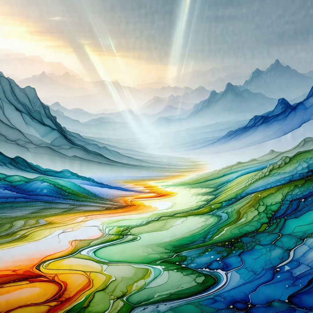 Painting of a beautiful landscape featuring a river flowi...