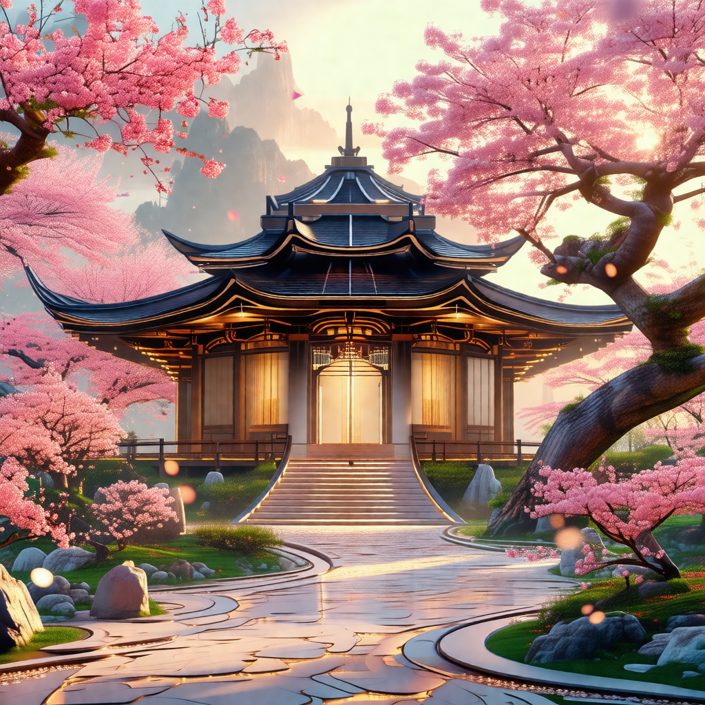 Beautifully designed asian-style building with a pink roo...