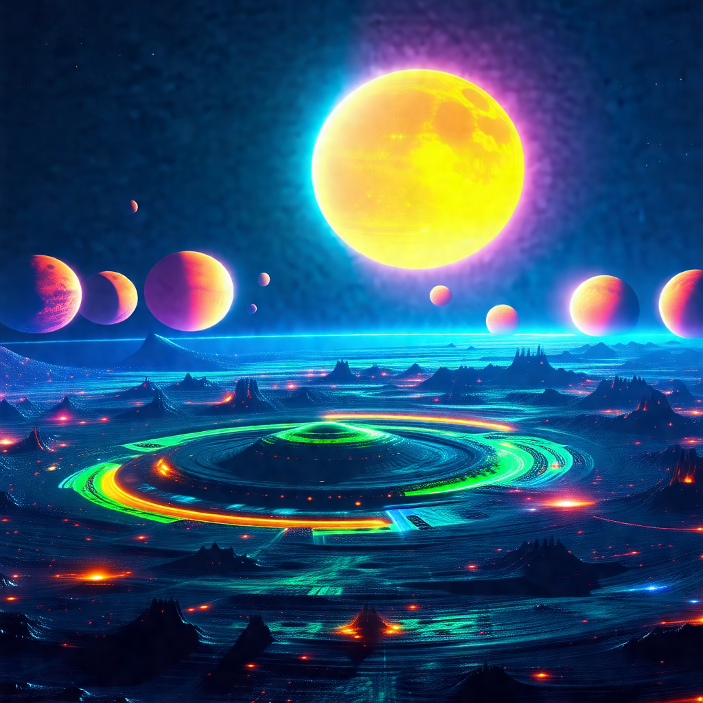Futuristic scene with a large, colorful planet in the center