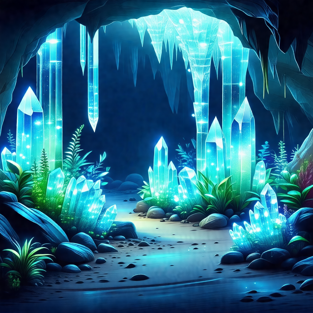 Cartoon-like drawing of a cave with a blue light illumina...