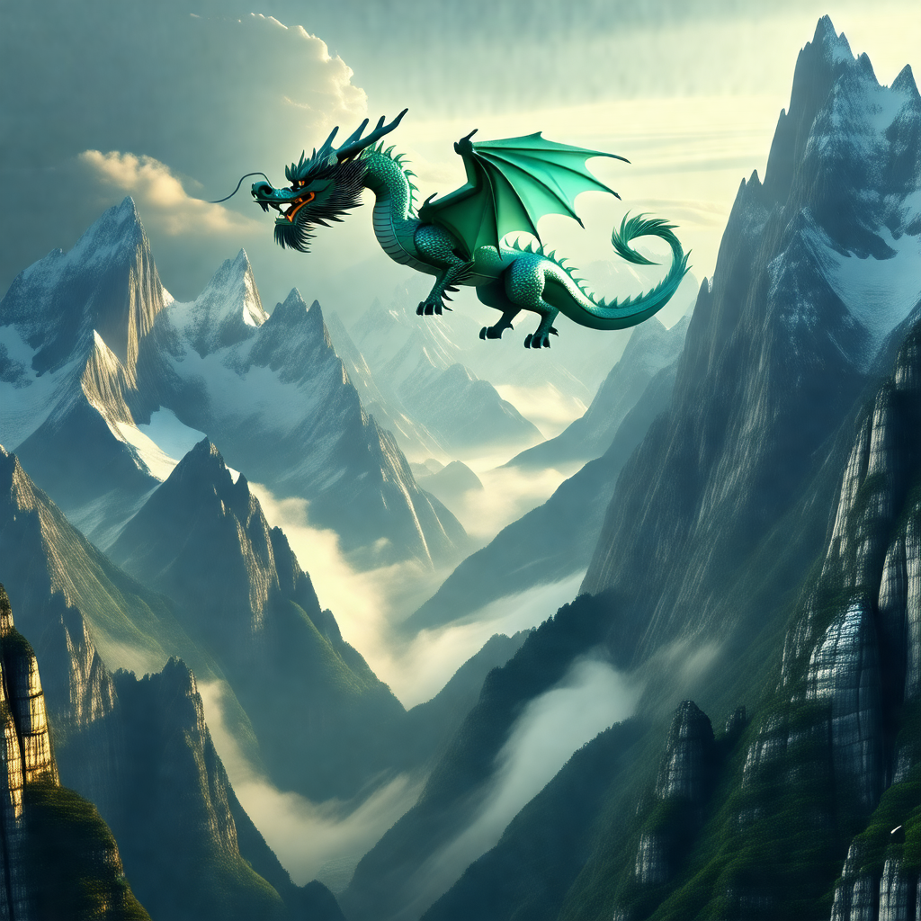 Large, green dragon flying through the air, with its wing...