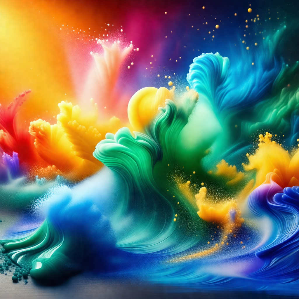 Painting of a colorful wave, featuring a mix of blue, gre...