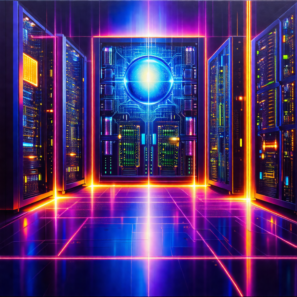 Painting of a computer server room, featuring a large num...