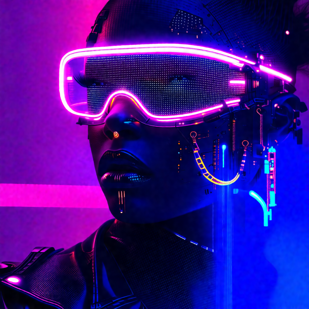 Woman wearing a futuristic outfit, including a black leat...