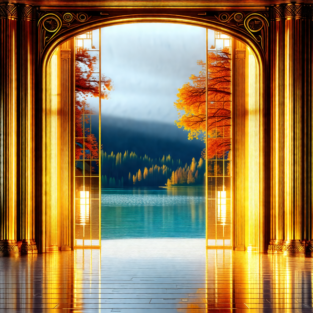 Grand entrance to a palace, with a large golden doorway