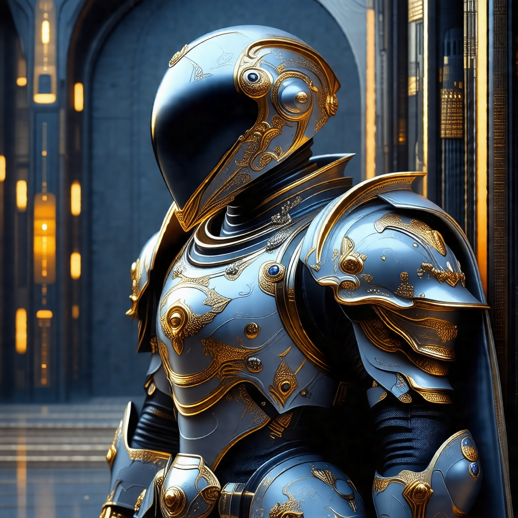 Futuristic robot with a metallic armor, standing in a roo...