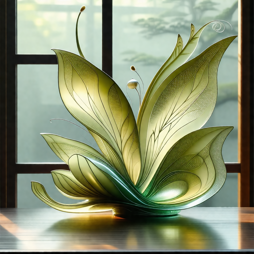 Large, colorful glass flower sitting on a table