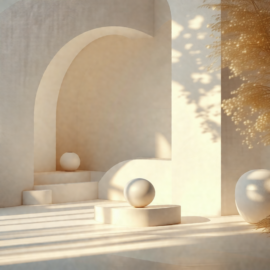 White room with a large white ball placed on a white pede...