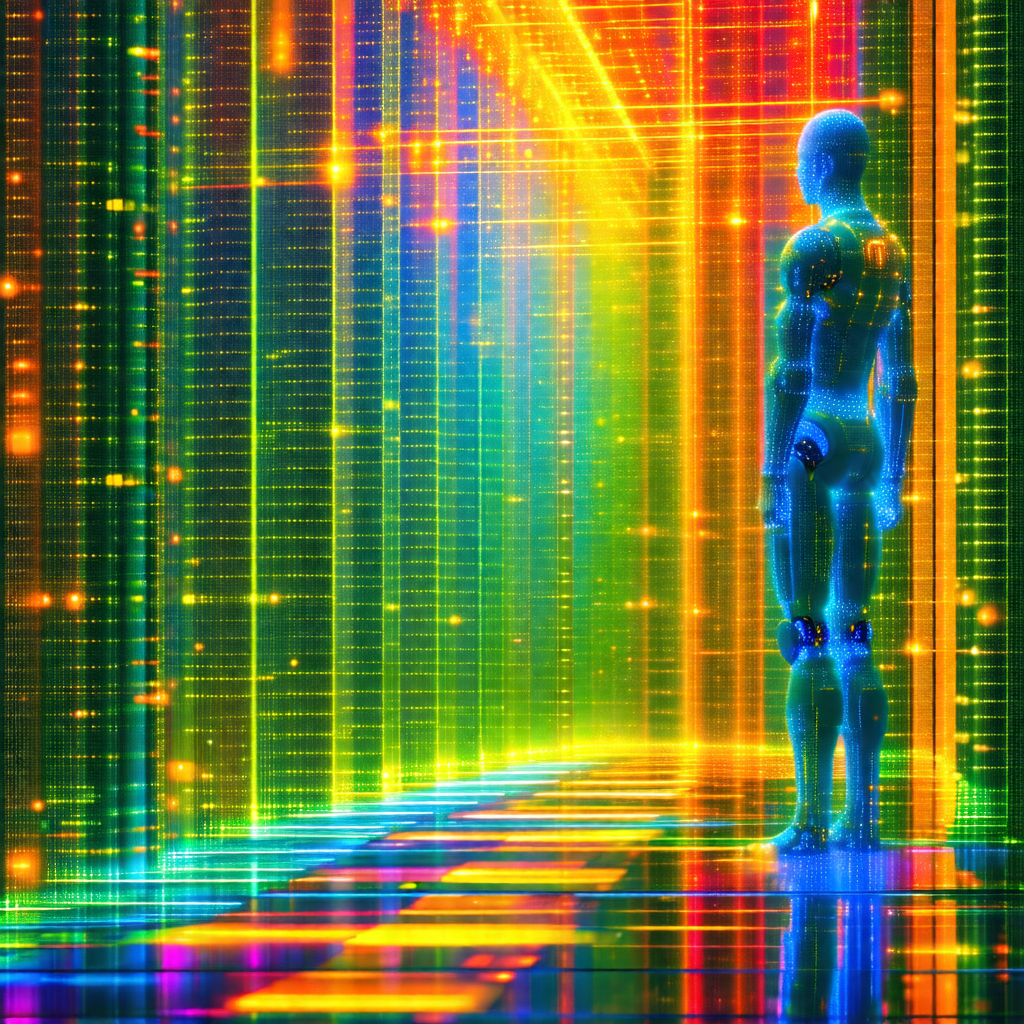 Man standing in a room with a brightly colored, rainbow-l...