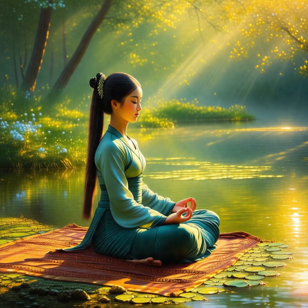 Woman sitting on a mat in a serene environment