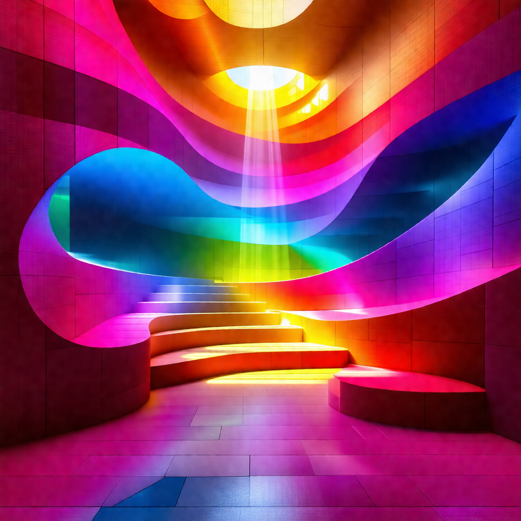 Colorful spiral staircase that leads to a brightly lit room