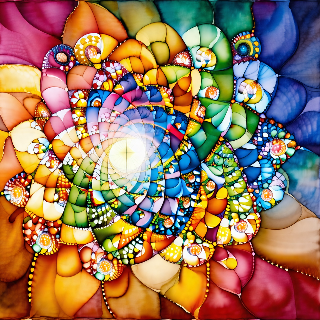 Colorful stained glass window featuring a sun in the center