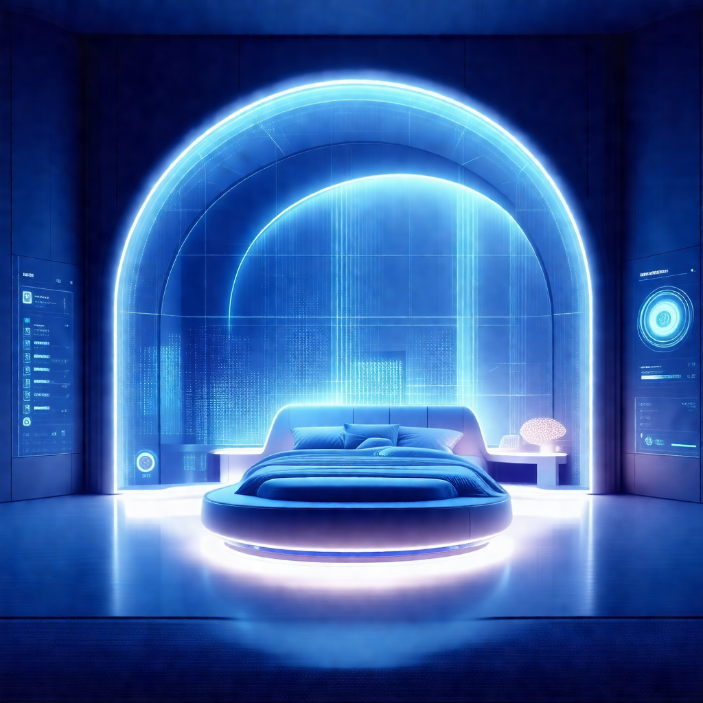 Futuristic bedroom with a bed that is lit up by a blue light