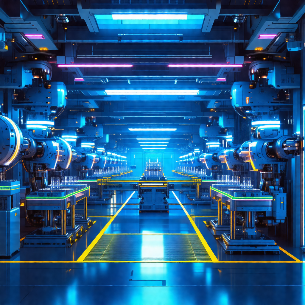 Futuristic factory with a large number of robots working ...