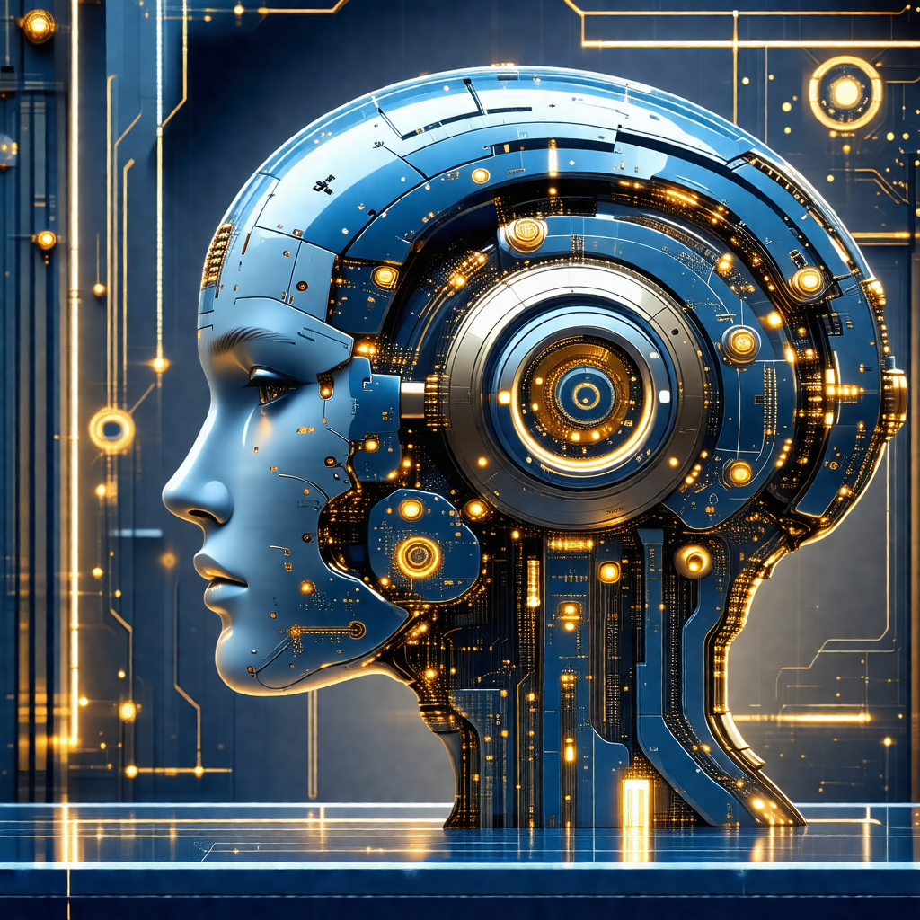 Futuristic robotic head with a blue and gold color scheme