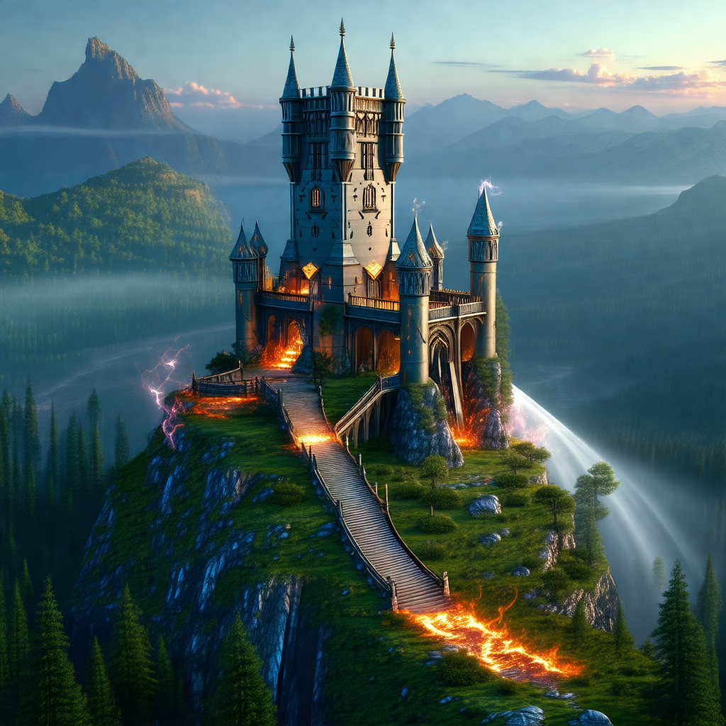 Digital painting of a majestic castle, situated on top of...