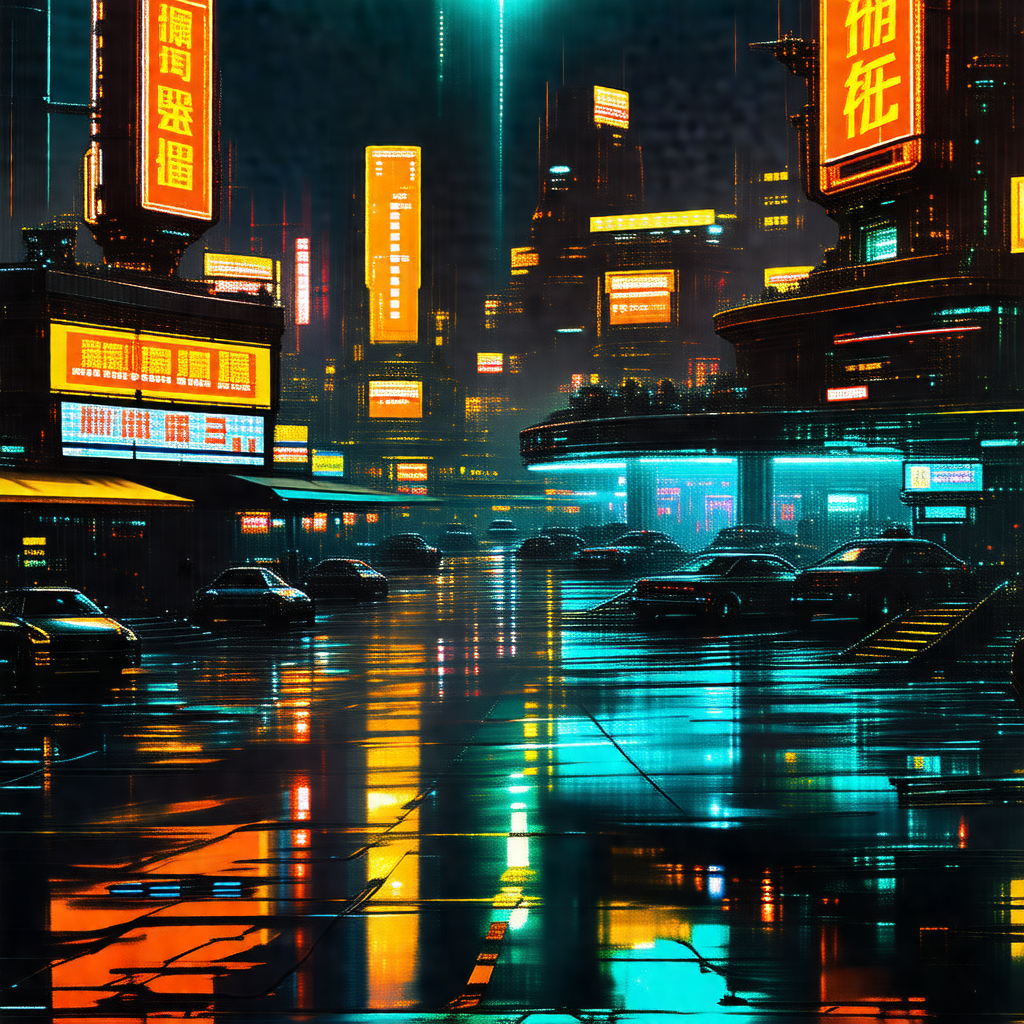 Bustling city street at night, filled with traffic and il...