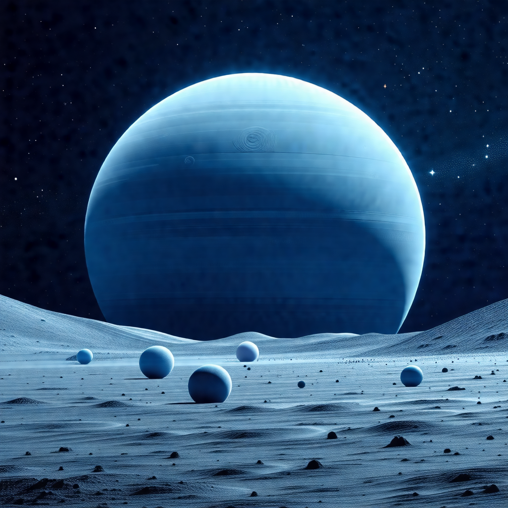 Large blue planet with a few small blue balls scattered a...