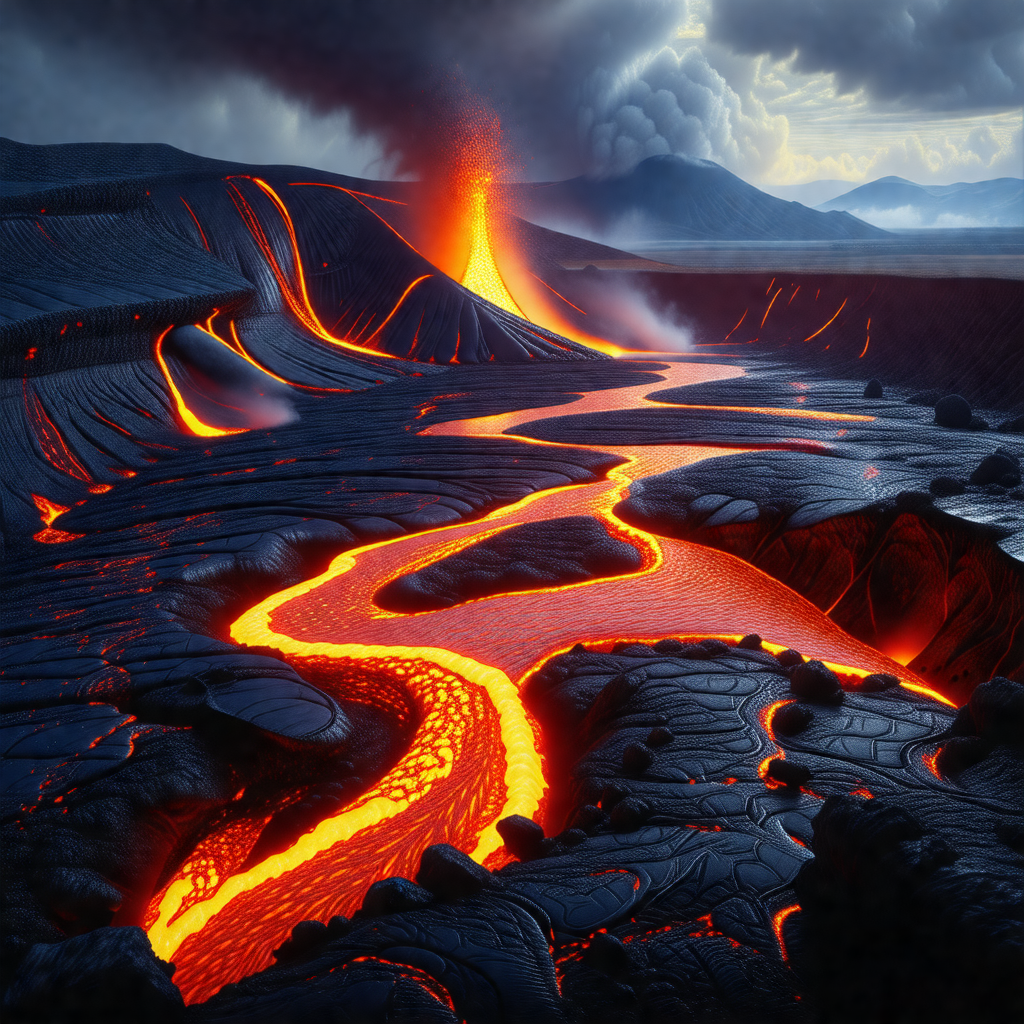 Volcanic landscape with a river of lava flowing through it