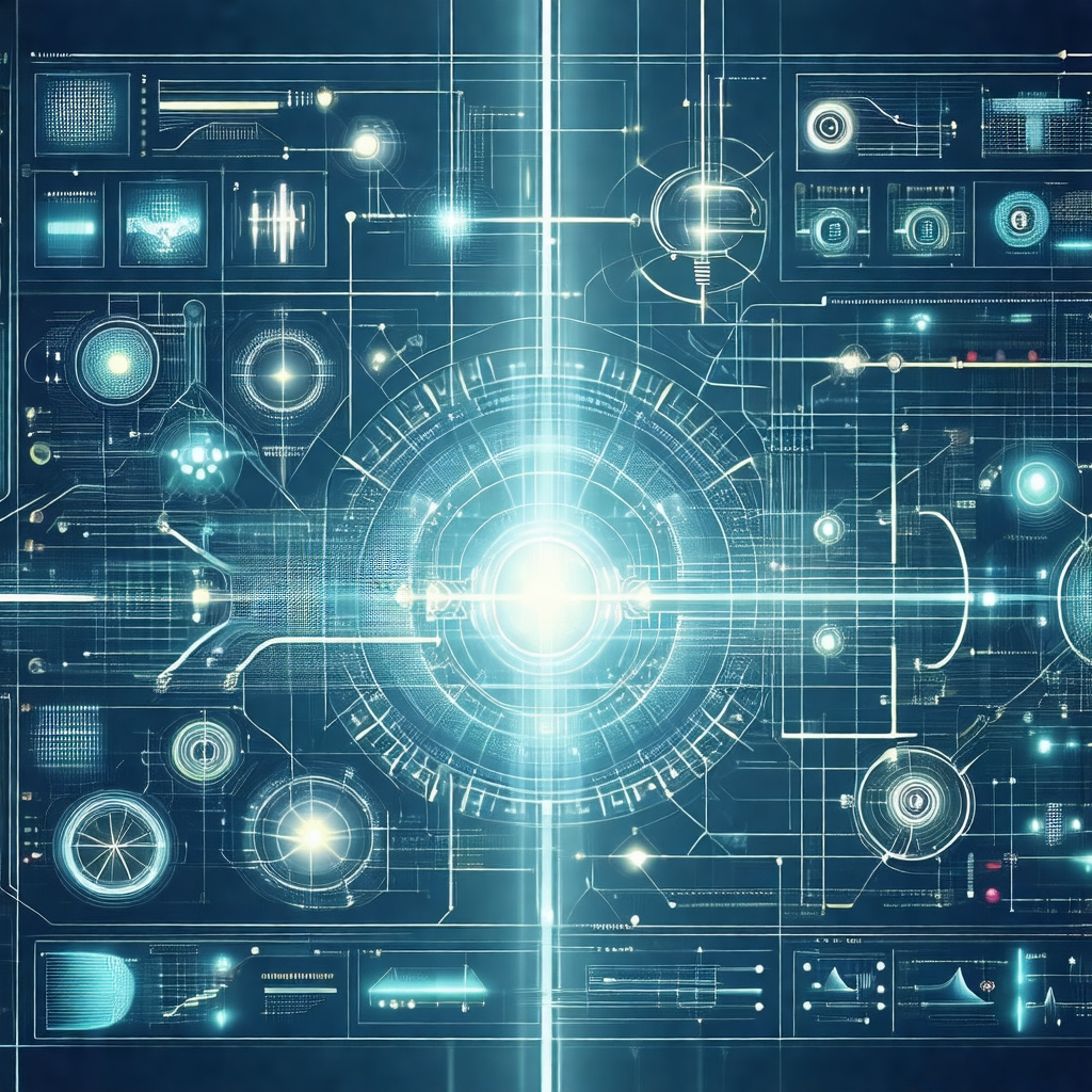 Blue and white illustration of a computer system