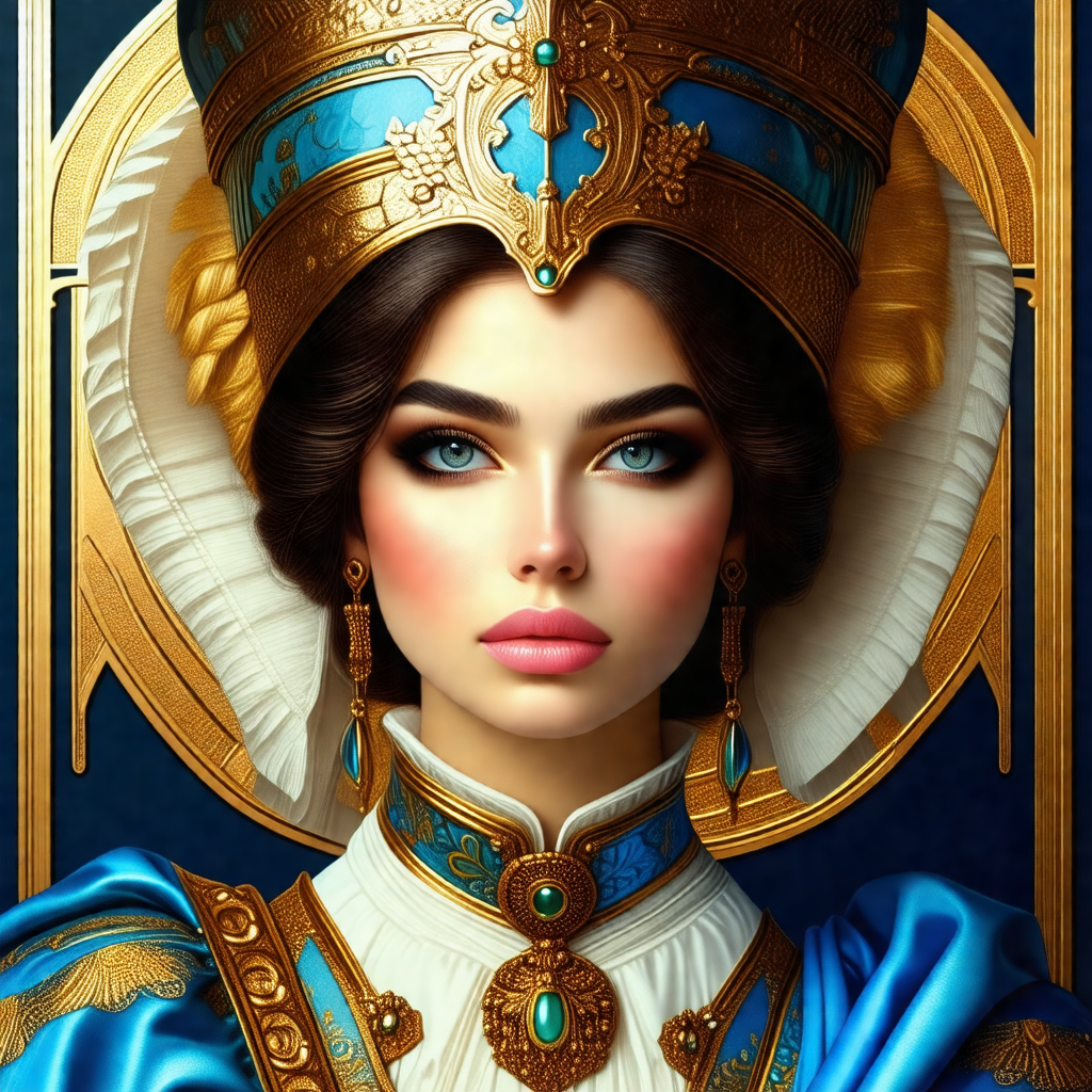 Woman wearing a blue and gold dress, a blue hat, and a bl...