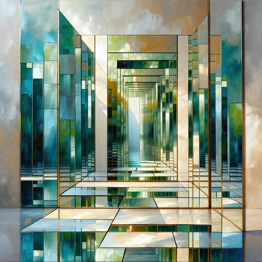 Painting of a hallway with a mirrored surface