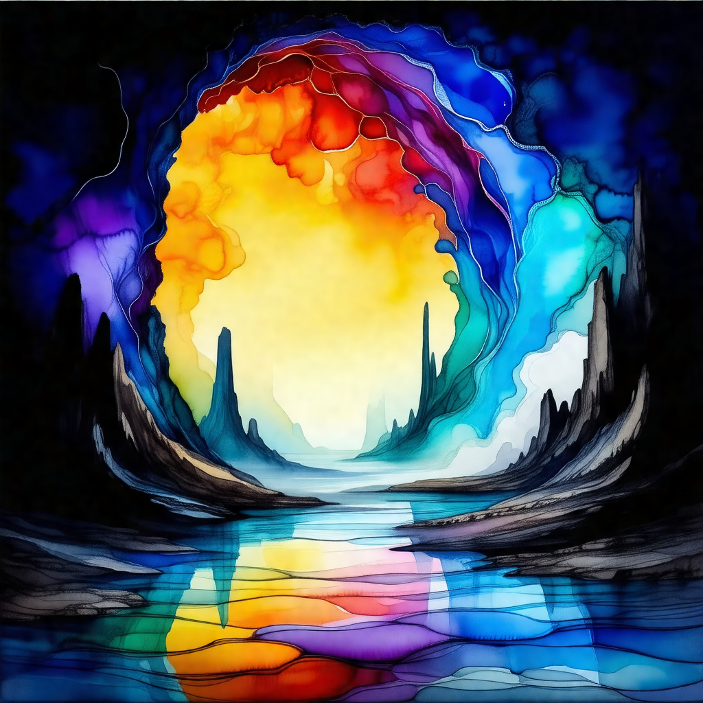 Painting of a colorful landscape featuring a body of wate...
