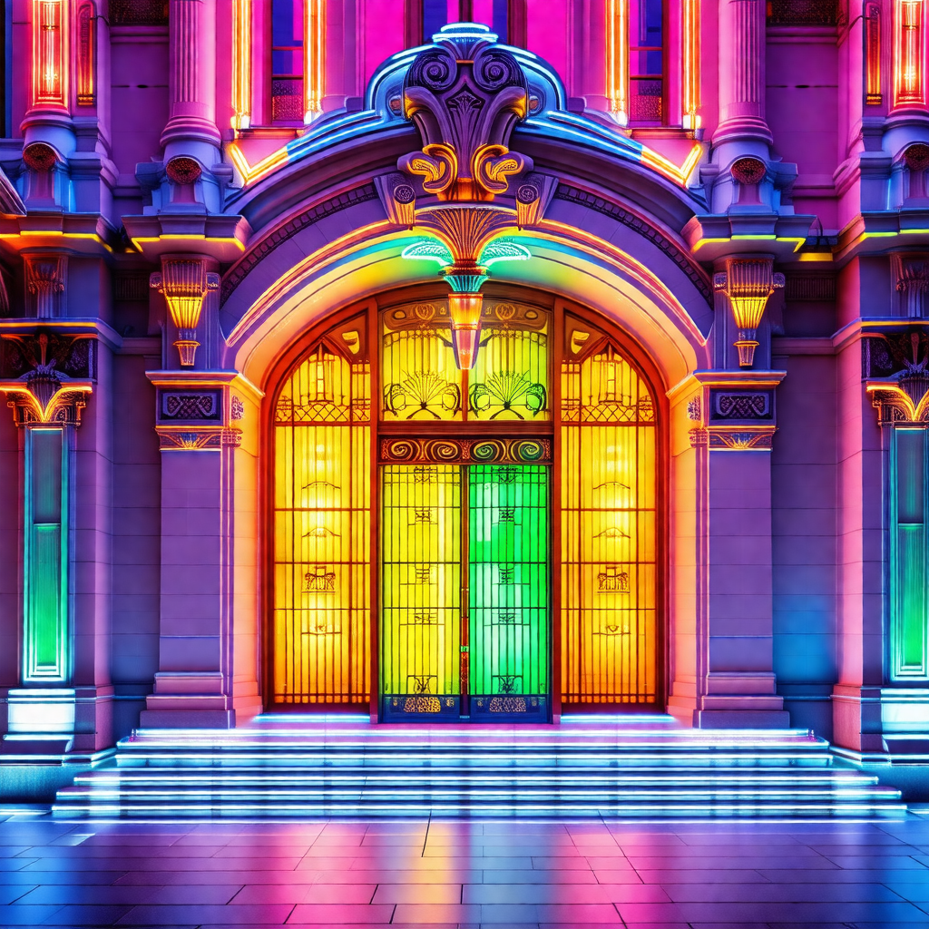 Large, colorful building with a rainbow-colored door