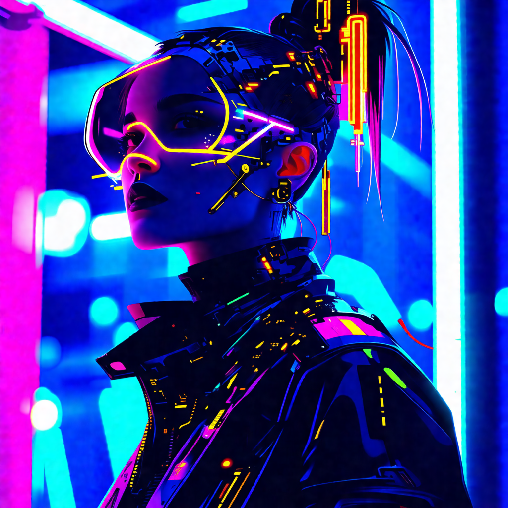 Woman wearing a futuristic outfit, including a black jack...