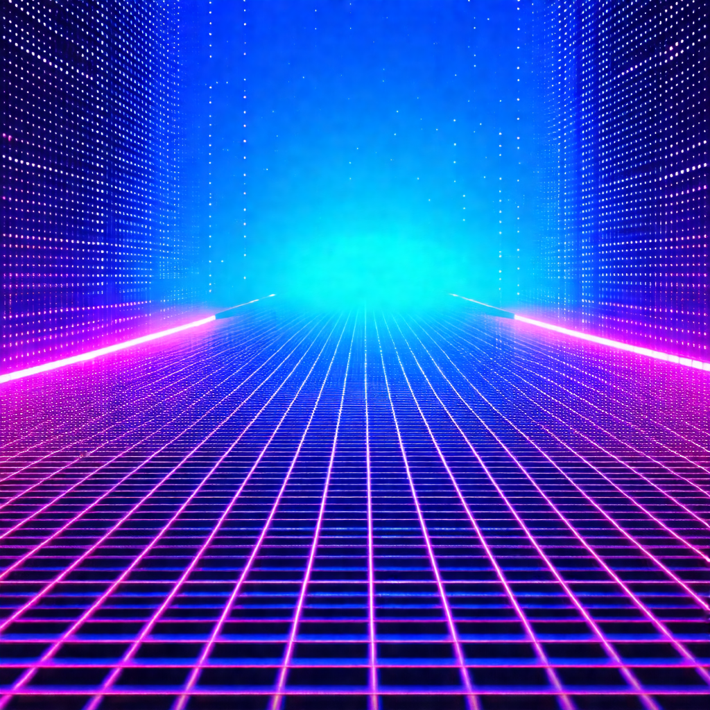 Futuristic, neon-lit room with a long, narrow hallway