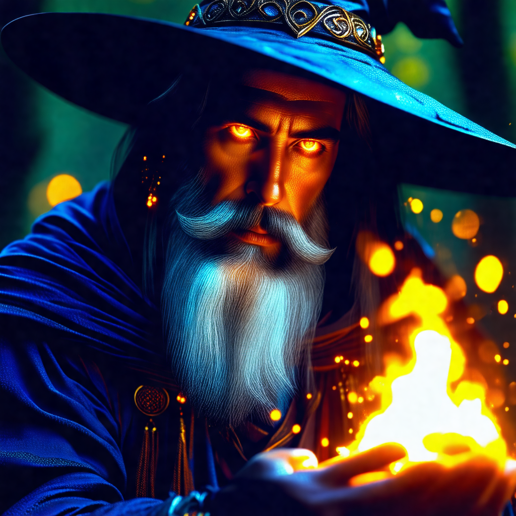 Man with a long beard and a blue hat, dressed in a wizard...
